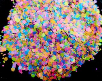 May include: A close-up of a pile of colorful glitter, featuring a mix of hexagonal and round shapes in shades of pink, blue, yellow, green, and orange.