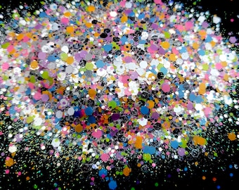 May include: A close-up of a pile of colorful glitter, featuring a variety of shapes and sizes. The glitter is a mix of silver, gold, blue, green, pink, and purple.