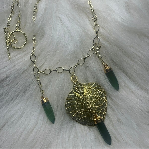 Leaf and Dark Green Quartz Necklace