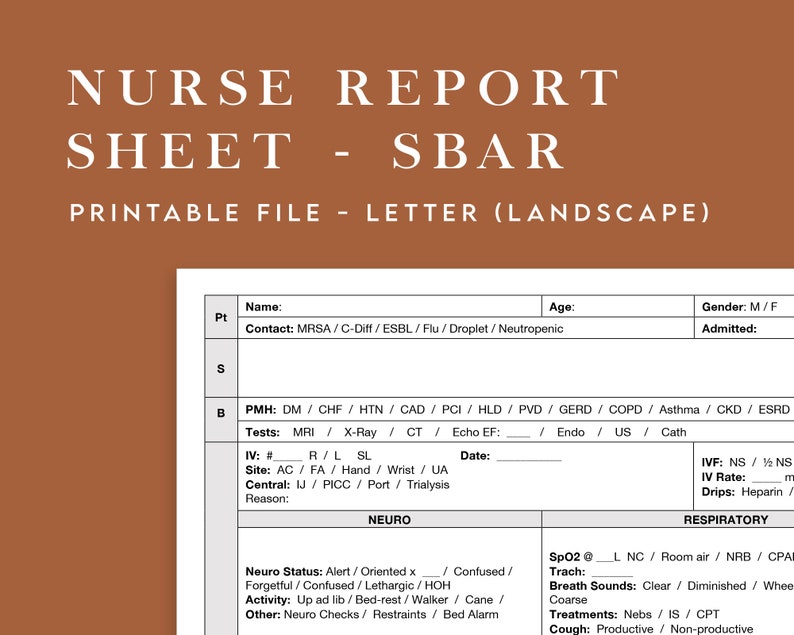 Nurse Report Sheet - SBAR Format (simple &amp; Easy to Use) - Etsy