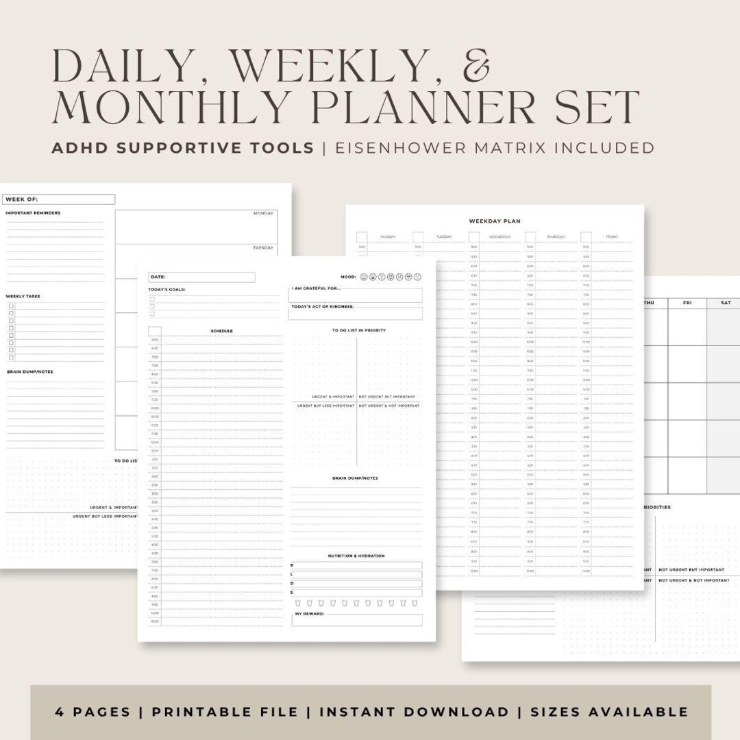 Undated Daily Weekly Monthly Planner Set, ADHD Friendly (instant ...