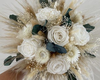 Bridal bouquet “Boho Bride Eucalyptus” made of dried flowers – infinity roses – groom's boutonniere, bridesmaids' bouquet, hair comb, decorations