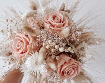Brautstrauß "Boho Bride Rosa" aus Trockenblumen/Dried Flowers, Bräutigamanstecker, Brautjungfernstrauß
