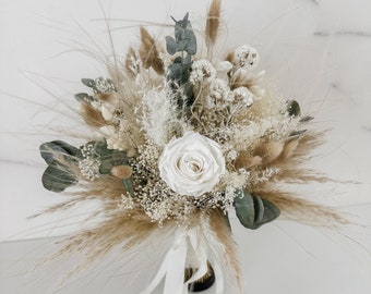 Bouquet da sposa "Boho Bride Eucalyptus" fatto di fiori secchi, spilla dello sposo, bouquet della damigella d'onore, pettine per capelli, cake topper