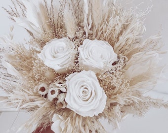 Bridal bouquet "Boho Bride" made of dried flowers, groom's pin, bridesmaid's bouquet made of pampas and infinity roses, white-beige