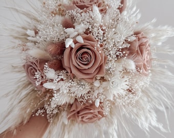 Bouquet de mariée « Bohème » en roses anciennes et fleurs séchées, boutonnière du marié, bouquet des demoiselles d'honneur, peigne à cheveux, figurine pour gâteau
