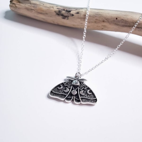 Moonphase Moth Necklace - (Cute, Gift, Jewelry, Charm, Fun, Unique, Quirky, Celestial, Mystic, Bug, Insect, Earth, Magic, Witch, Spirit)