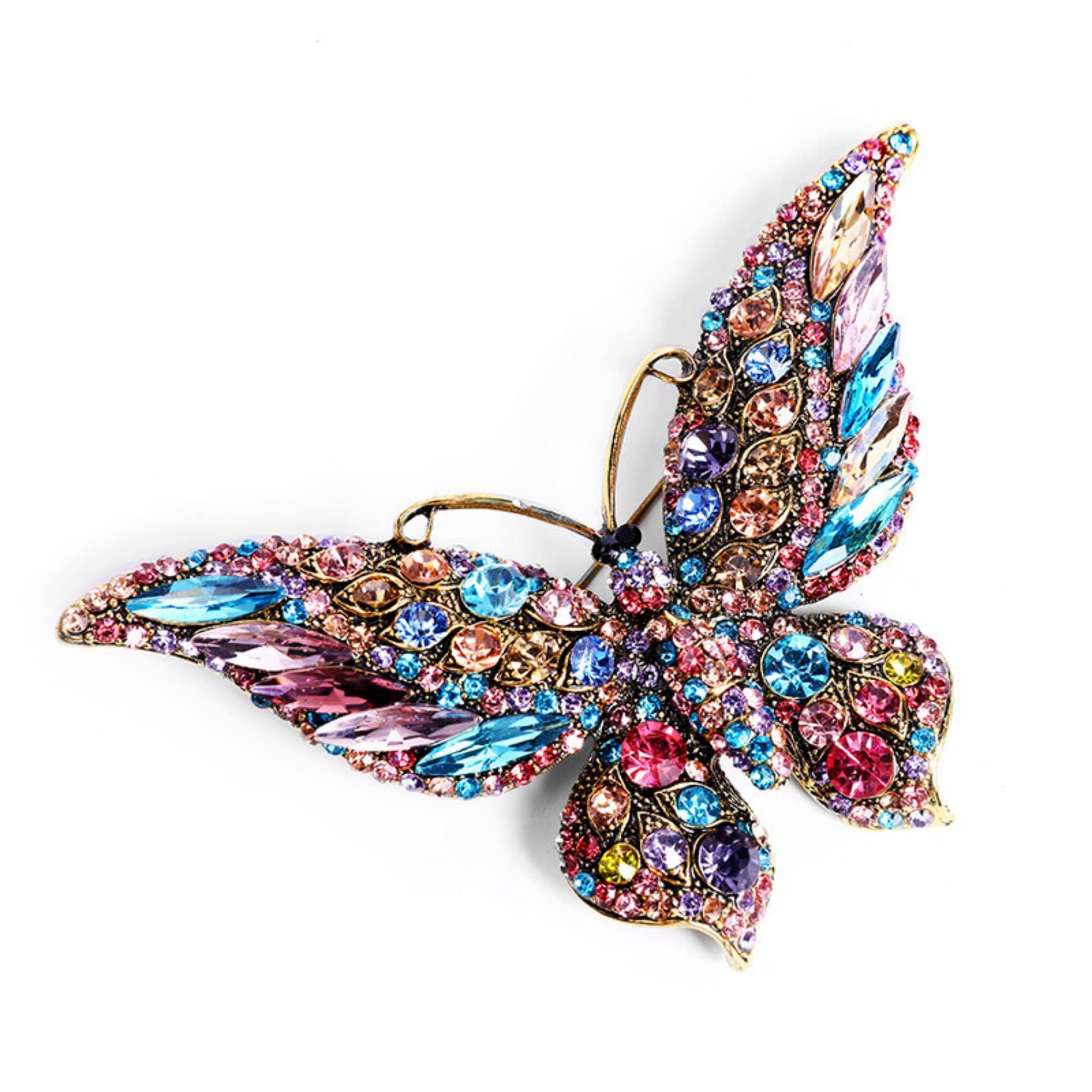 Silver-tone Purple Pink Crystal Rhinestone Brooch Butterfly Brooch