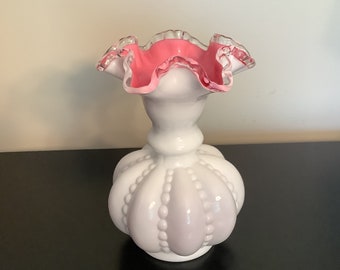 Vintage FENTON Beaded Melon Vase, Pink Encased Overlay, Ruffled Silver Crest Crimped Top, Art and Collectible, Fenton Art Glass, 6” Vase