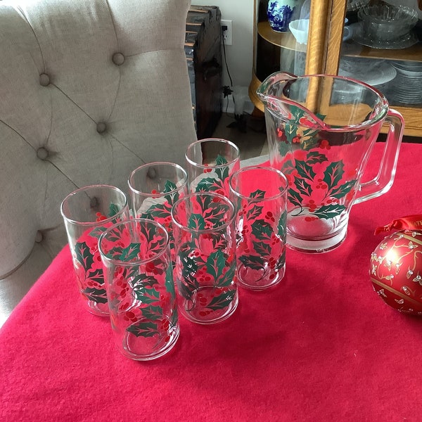 Vintage Crisa Glassware  Lexus Holly Berry 7 Piece Set, Made n Mexico, Holiday Pitcher and 6 Tumblers, Kitchen and Dining, Beverage Set