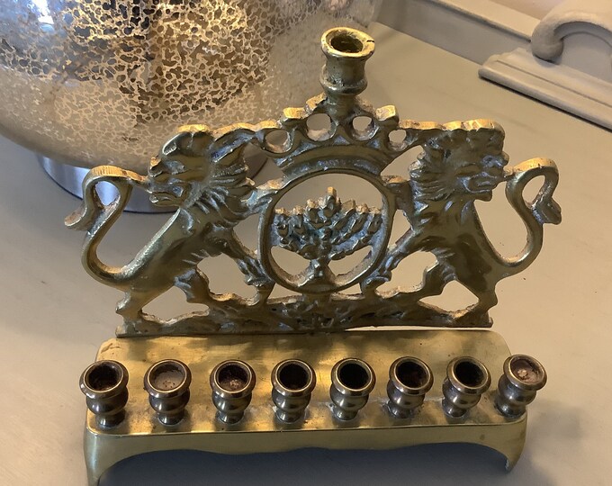 Vintage Brass Chanuakah Menorah Bench Style Nine-branched With Lions of ...