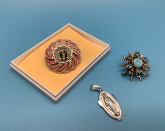 Vintage Religious Jewelry, Made in Germany, Italy, Rare Virgin Mary Blue and Gold Tone Brooch, Pink and Silver Tone mother Mary, Silver tone