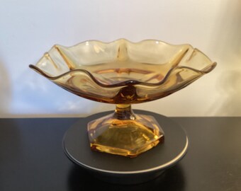 Vintage Mid Century Modern Pedestal Compote Bowl, Amber Pedestal Bowl, Dining Table Centerpiece Bowl, Art and Collectible Glass, Gifts
