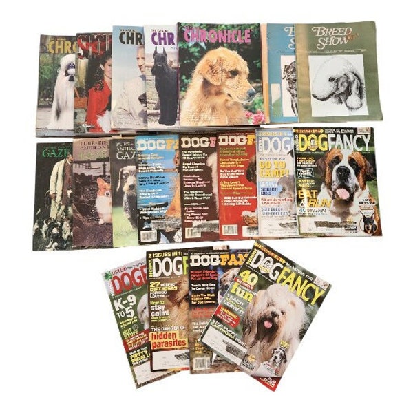 Vintage Dog Magazines, Bundle of 25 Dog Magazines, Dog Fancy, Canine Chronicle, ShowSight, AKC Gazette, Pedigree Breeder Forum, Dog World