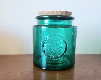 Recycled Green Glass Cannister, Vintage Recycled Emerald Green Glass Corked Round Cannister, Recycled Glass, Authentic Recycled Glass Decor