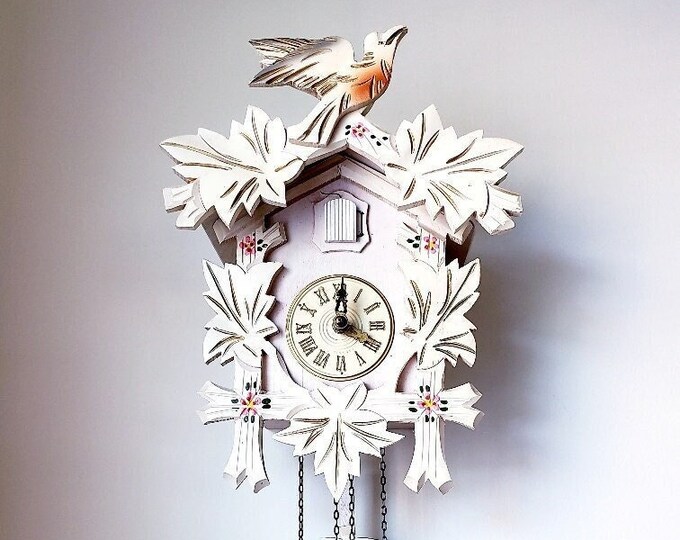 Vintage Cuckoo Clock, 1970s West German White Wooden Cuckoo Clock ...
