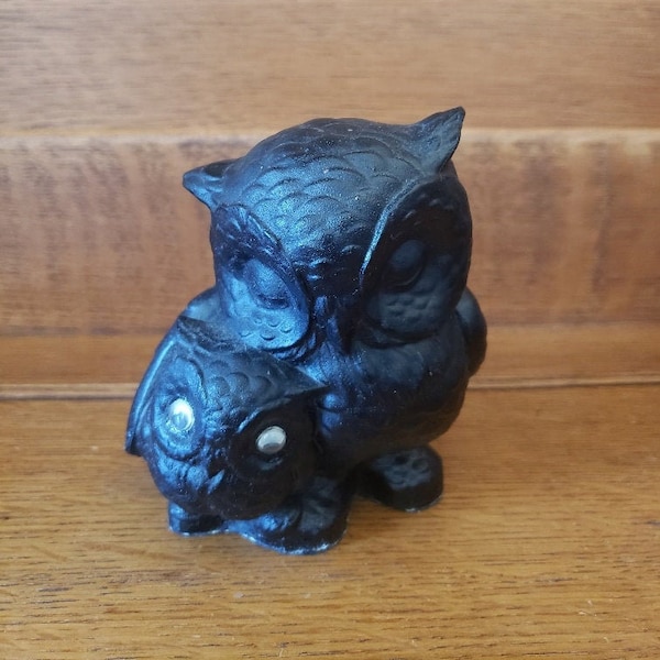 Owl & Baby Figurine, VCP Coal Owl Figurine, Made in the USA 1980 Coal Owl and Googly-Eyed Baby Figurine, Unique Owl Gift, Owl Statue