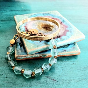 Turquoise Glass Bracelet, Gold Accent Bracelet, Turquoise Beaded Bracelet, Pair of Ladies Bracelets, Bracelet Gift, Ladies Jewelry