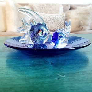 Cobalt Glass Plate w/Hand-Blown Glass Dolphin & Fish Figurines, Glass Dolphin Paperweight, Glass Fish Paperweight, Cobalt Blue GlassPlate
