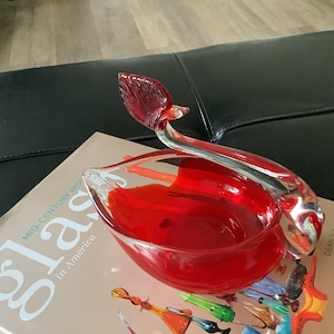 Vintage Brinn’s Hand Blown Art Glass Red and Clear Glass Swan Dish, Vintage Art Glass, Swan Candy Dishes, Vintage Clear Glass With Red Glass