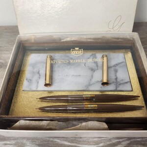 Vintage Gimbels Crest Imported Marble Desk Set Pen & Pencil Holder, Letter Organizer w/ Original Box, Mid Century Office Marble Slab Pen Set