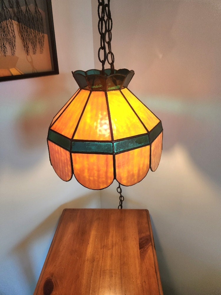 Vintage Lighting, Amber Leaded Stained Glass Hanging Light
