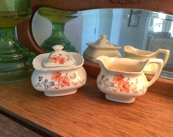 Vintage LIDO W. S. George Canarytone  Lidded Sugar and Creamer, Pattern Code: GEOGEO95, Lido Shape, Orange Floral on One Side, Discontinued
