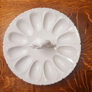 Vintage Deviled Egg Dish, Ivory Deviled Egg Platter w/ Middle Handle, Large Handled German Deviled Egg Platter, Easter Egg Dish, Easter Gift