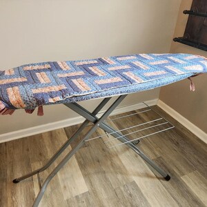 Handmade Quilted Ironing Board Cover, Rail Fence Pattern Blue Pink Patchwork Cotton Ruffled Edge, Vintage Farmhouse Laundry Room Decor