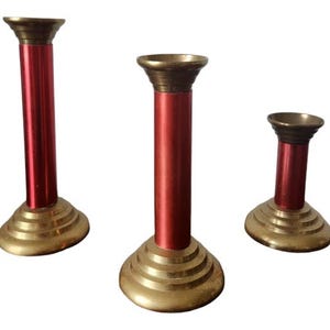 Tiered Brass and Red Candlestick Holders, Mid-Century Tiered Brass Candleholders, Red & Brass Candlestick Trio Centerpiece, Home Staging