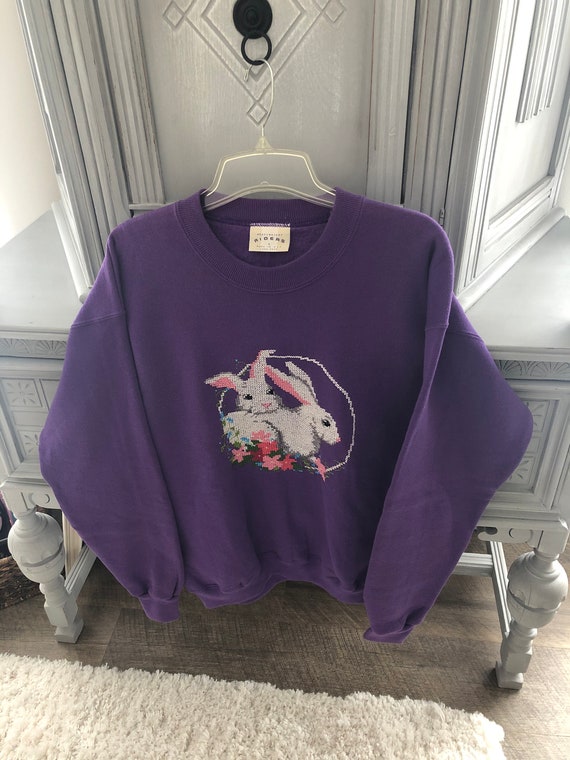 Vintage Easter Sweatshirt/ Riders  Heavy Weight Purple Size L  Sweatshirt- 2 White Easter Bunnies/ Cross-stitched Easter Bunny Sweatshirt L