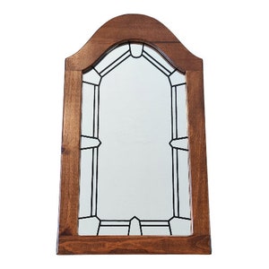 Vintage Mirror, Arched Walnut Wooden Framed Wall Mirror w/ Black Mullion Design, Vintage Arched Tall Wall Mullioned Design Wall Mirror