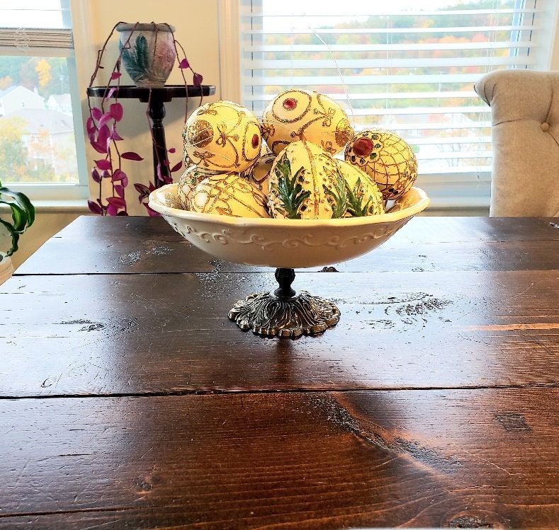 Christmas Ornamental Eggs & Pewter Pedestal Ceramic Bowl - Etsy