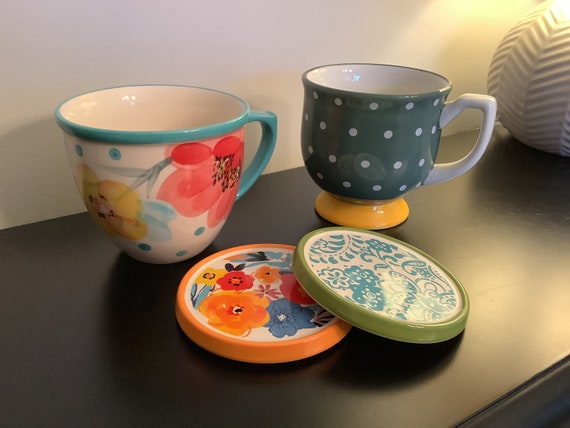 Vintage, But Never Used The Pioneer Woman Pair of Mugs With Coasters, Collectible Mugs, New Mug Gifts, Microwave and Dishwasher Safe, Mugs