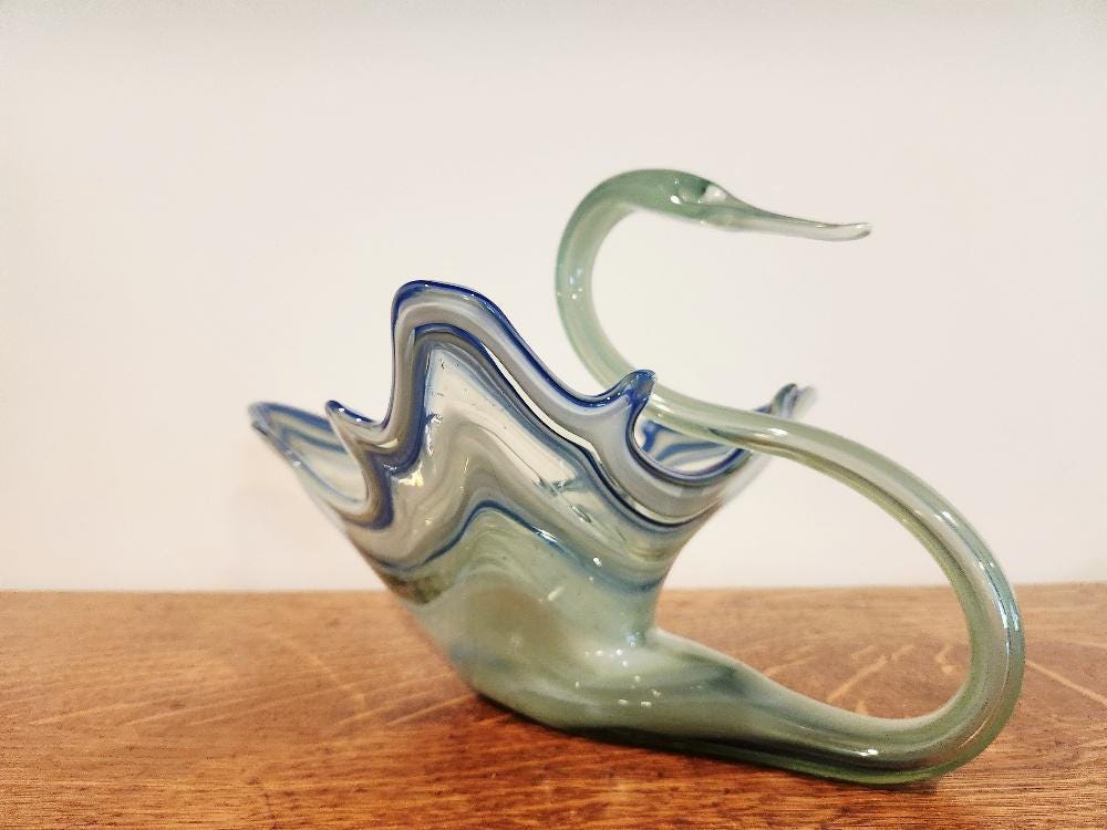 Vintage Sooner Glass Swan Centerpiece, Cobalt Blue Swirl Sooner