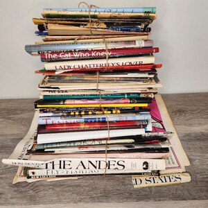 May include: A tall, vertical stack of assorted vintage books and magazines bound together with thin brown twine. The collection features various colorful spines with visible titles including The Cat Who Knew, Lady Chatterley's Lover, and The Andes.