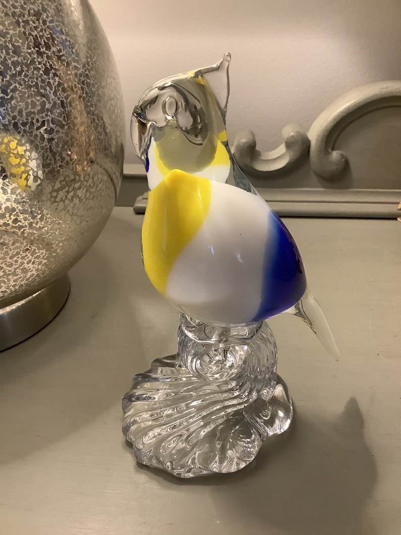 Large Glass Parrot Handblown Art Glass Bird on Perch Yellow Etsy