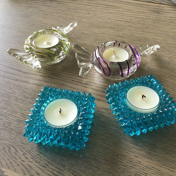 Fenton Votive Holders, Murano Style Votive Holders, Turquoise Fenton Hobnail Votive Holders, Four Art Glass Candleholders,Fenton Collectible