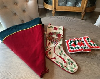 Vintage Velvet Christmas Tree Skirt, Embroidered Stocking, 5 Crocheted Mini-Stockings, Vintage Christmas Decor, Stocking Bundle, Holiday Set