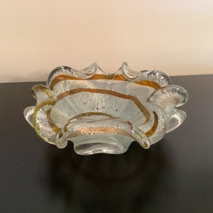 Vintage Murano Blown Glass Bowl, Clear With Silver  White Leaf and Copper Gold Stripe, Venetian Freeform Glass Murano Ashtray, Collectibles