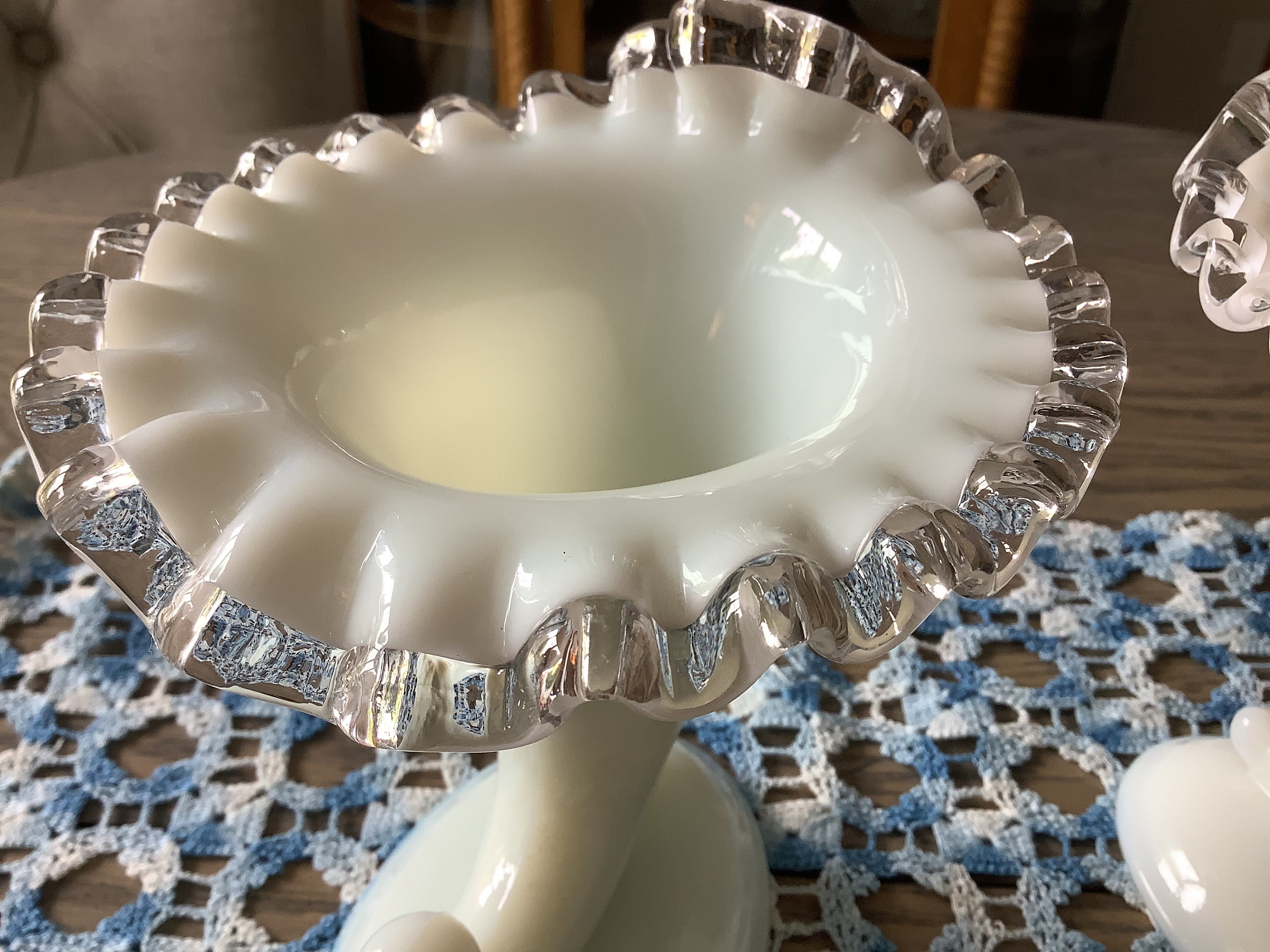 Vintage Milk Glass Silver Crest Cornucopia Candle Holders,pair of