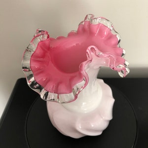 Vintage FENTON White/ Pink Crest Ruffled Crimped Clear Edge Vase, Fenton Collectible Vase, Fenton Swirled Mellon Vase, Collectible Fenton