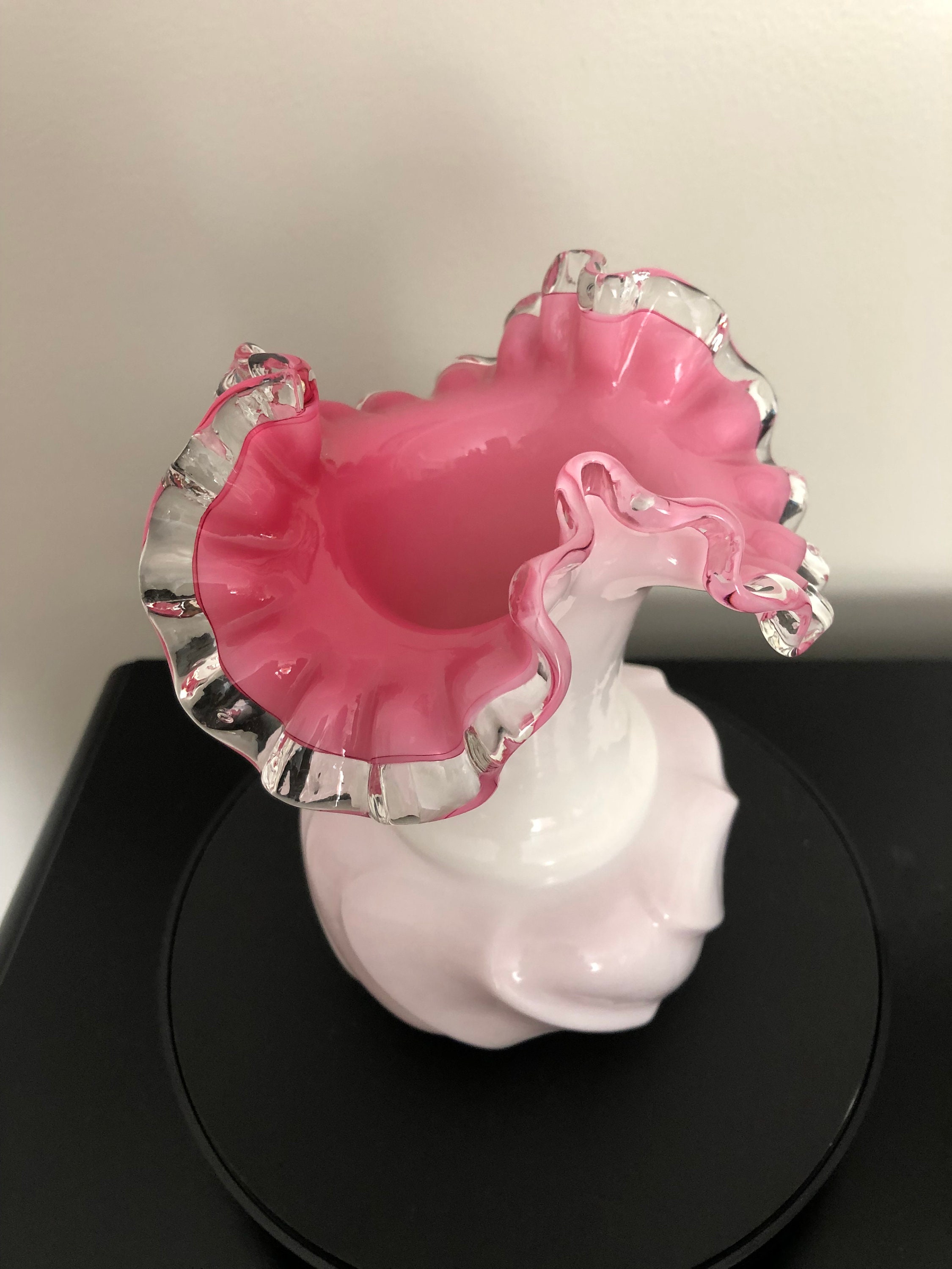 Vintage FENTON White/ Pink Crest Ruffled Crimped Clear Edge Vase