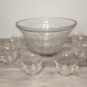 Vintage Indiana Glass Princess Punch Bowl Set w/ 8 Cups & Original Box | Harvest Grape Pattern Clear Glass Party Serving Set