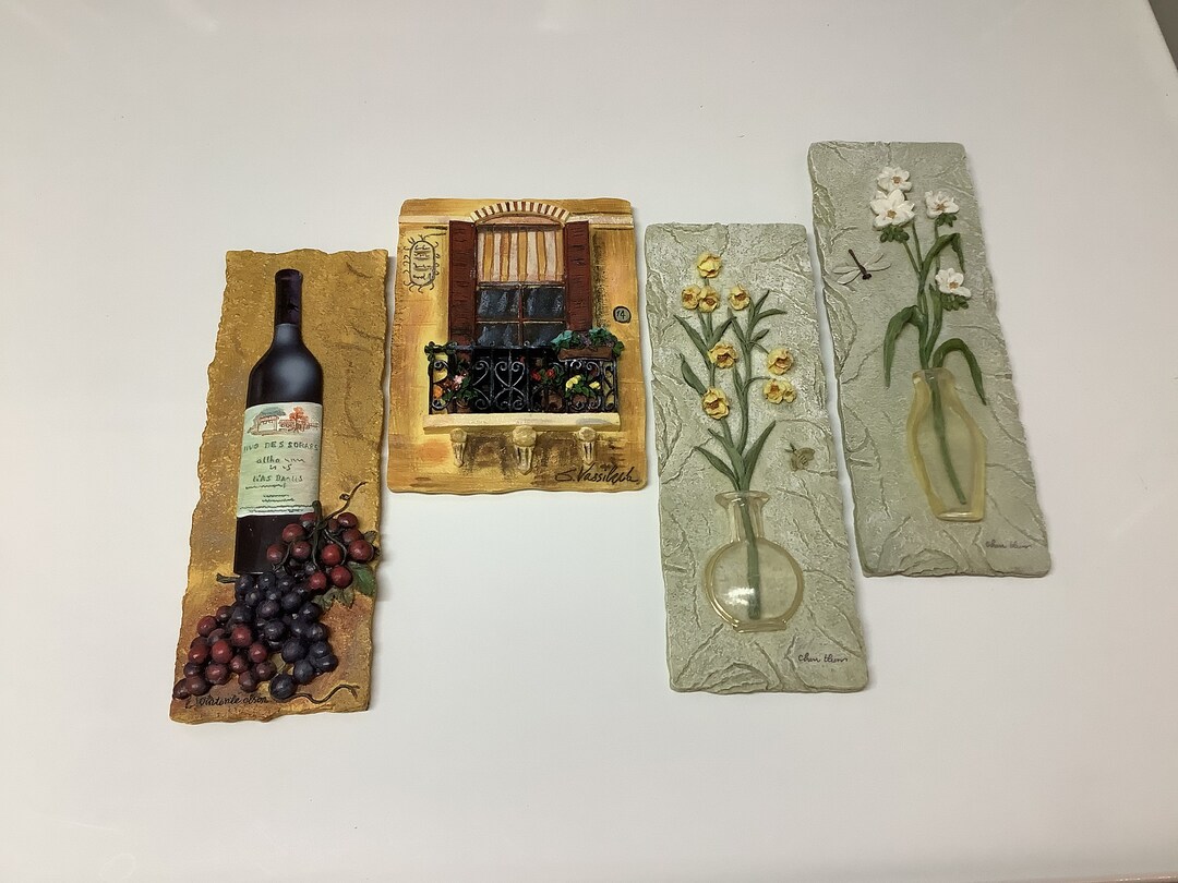 Vintage 3D Carved Resin Wall Plaques, Cheri Blum Resin Vase of Flowers