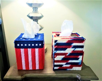 Red, White & Blue Tissue Covers (PAIR), Needlepoint Yarn Plastic US Flag Tissue Box Covers, Patriotic Tissue Box Covers, 4th of July Decor