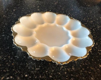 Vintage Anchor Hocking Deviled Egg Plate, Milk Glass Gold Trimmed Ruffled Deviled Egg Plate, Holiday Egg Serving Dish, Egg Serving Platter