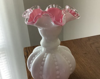 Vintage FENTON Beaded Melon Vase, Pink Encased Overlay, Ruffled