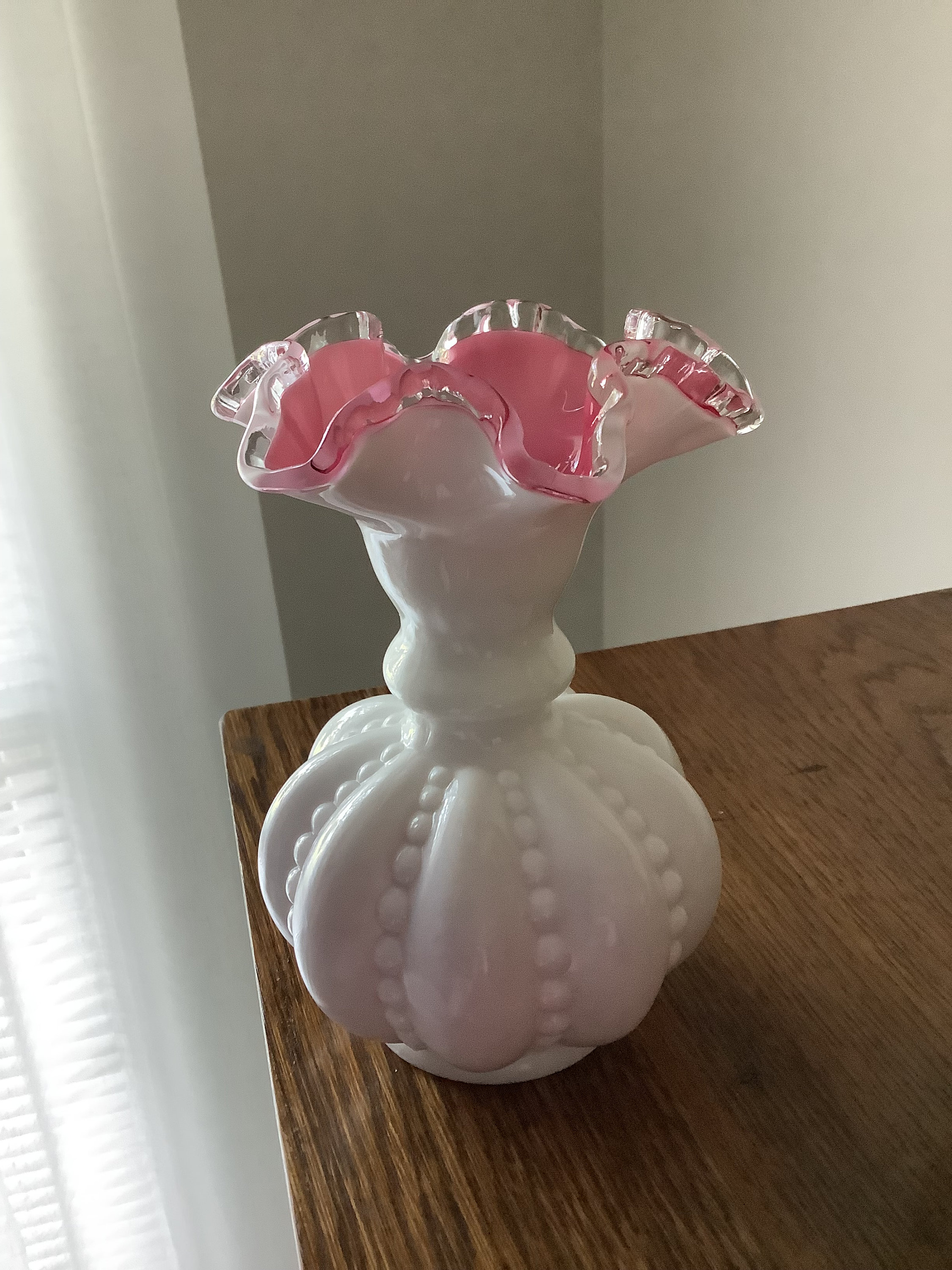 Vintage FENTON Beaded Melon Vase, Pink Encased Overlay