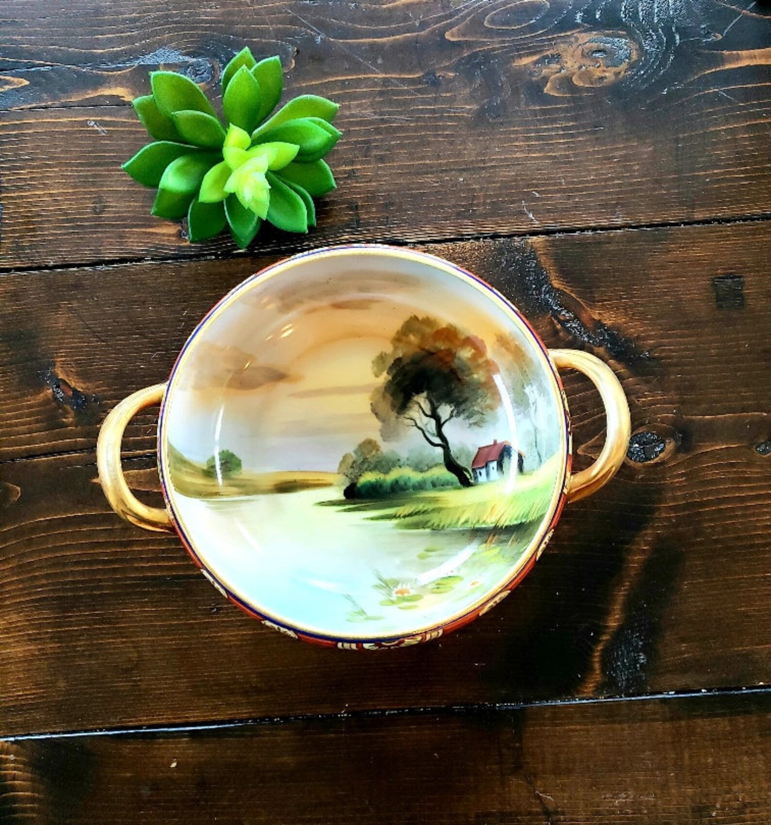 Handpainted Nippon Bowl Antique Nippon Scenic Gold Handled Etsy